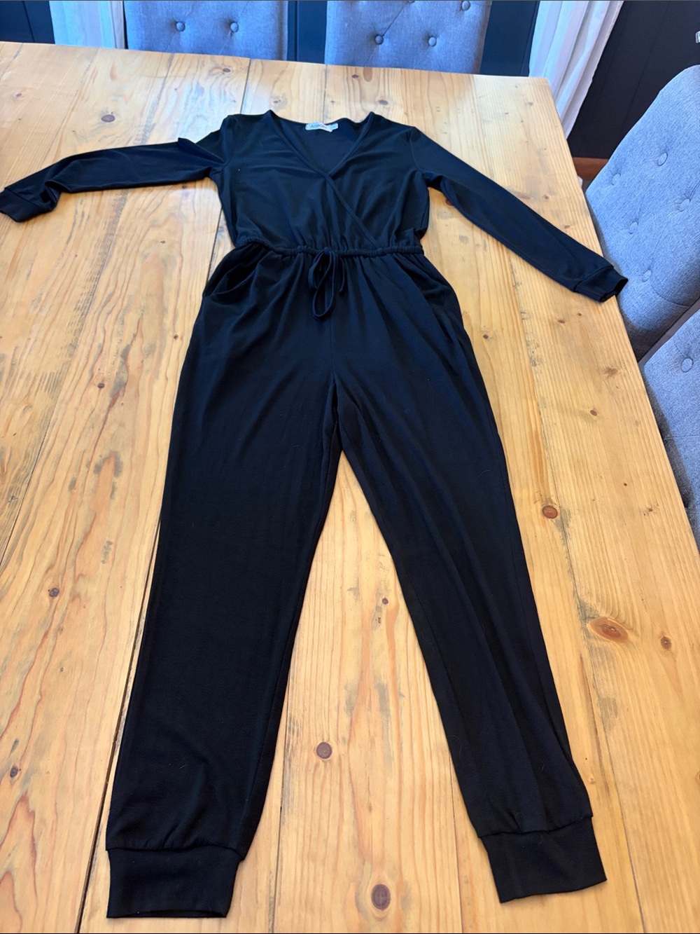 Black Women's Long-Sleeve Jumpsuit with Drawstring Waist